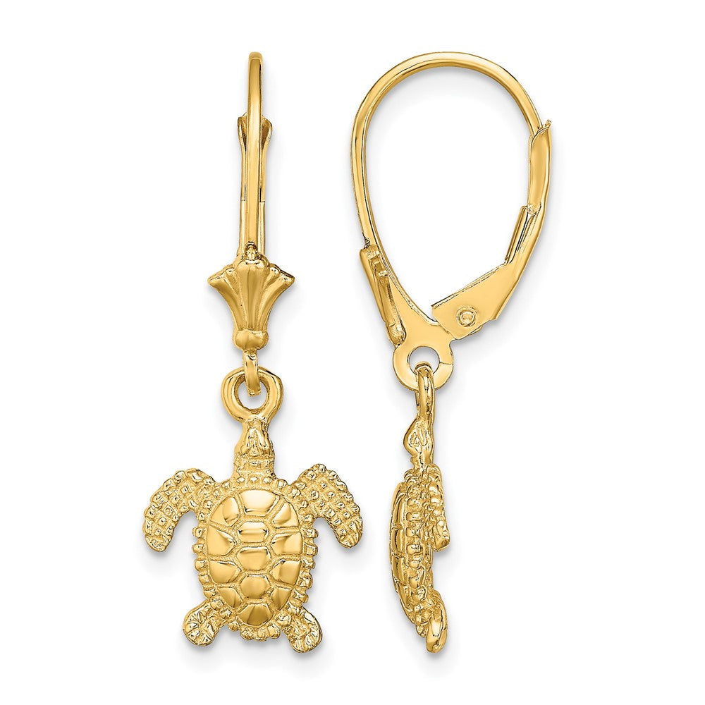 14K 3-D Polished Mini Sea Turtle Dangle Leverback Earrings