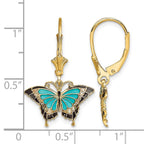 14K with Aqua and Black Enameled Wings Butterfly Dangle Leverback Earrings