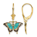 14K with Aqua and Black Enameled Wings Butterfly Dangle Leverback Earrings