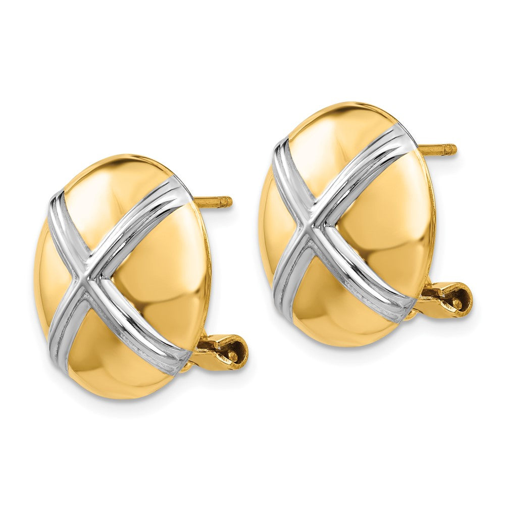 14k and White Rhodium 16mm Polished X-Circle Omega Back Post Earrings
