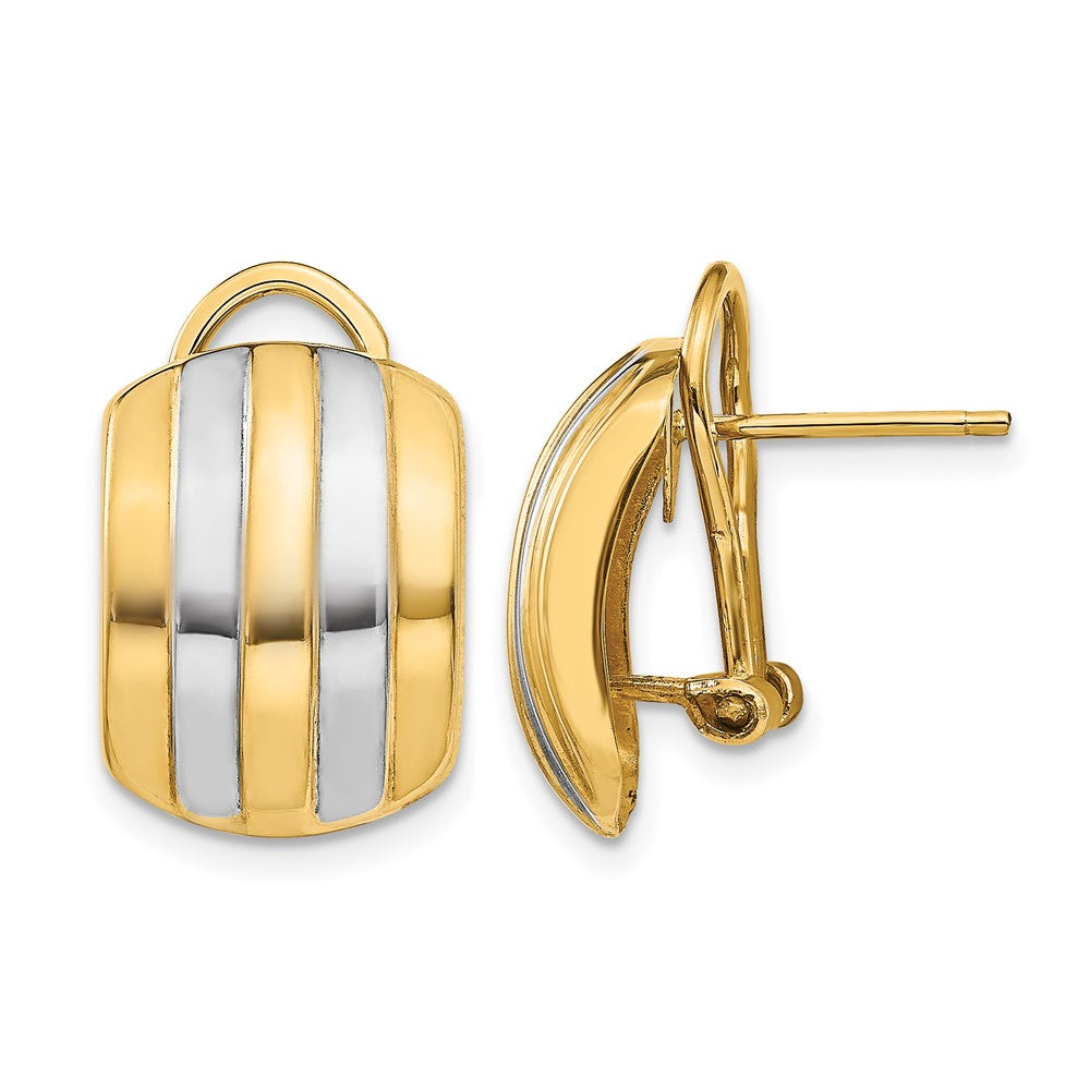 14k and White Rhodium 12x17mm Polished Ribbed Omega Back Post Earrings