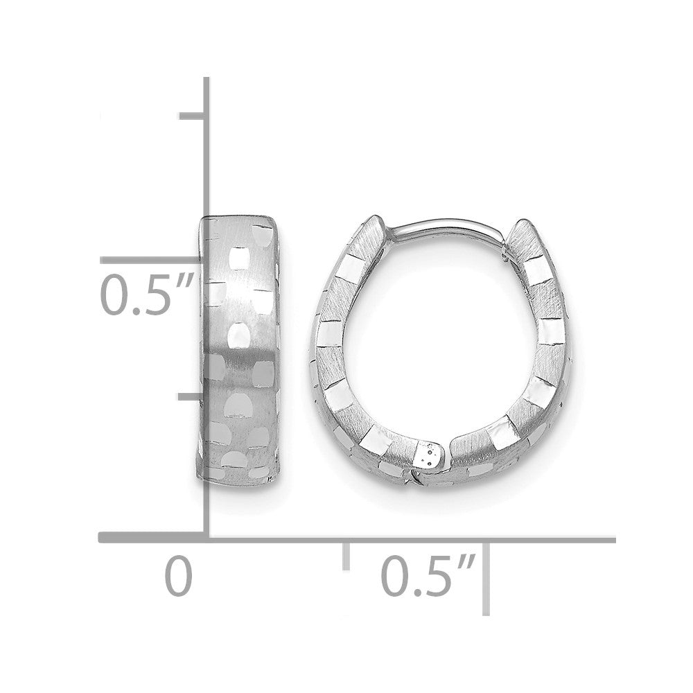 14K White Gold Diamond Cut 4mm Patterned Hinged Hoop Earrings