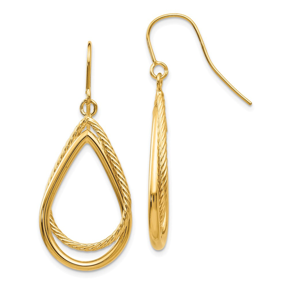 14K Polished and Textured Teardrop Dangle French Hook Earrings