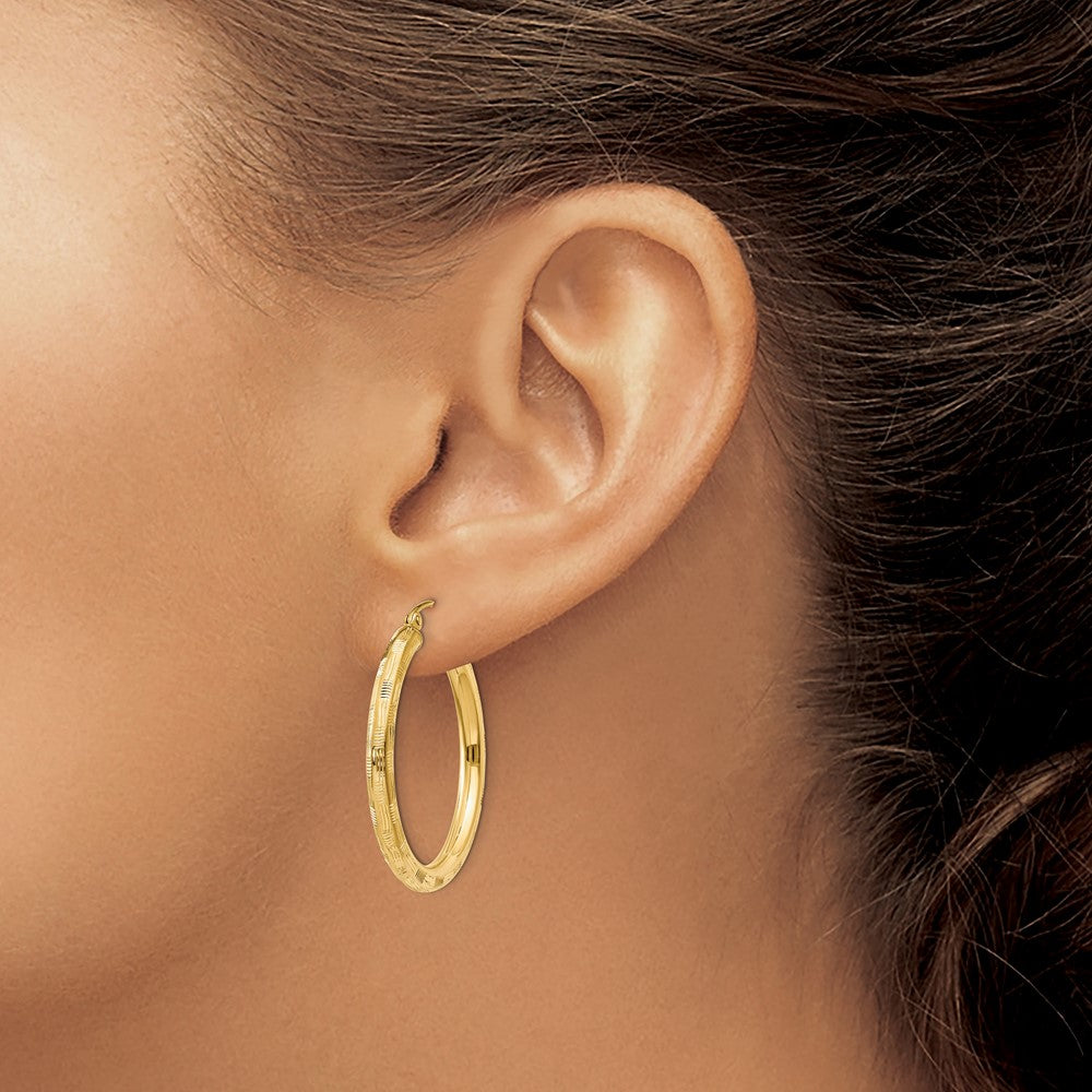 14k 3x30mm Diamond-cut Tube Hoop Earrings