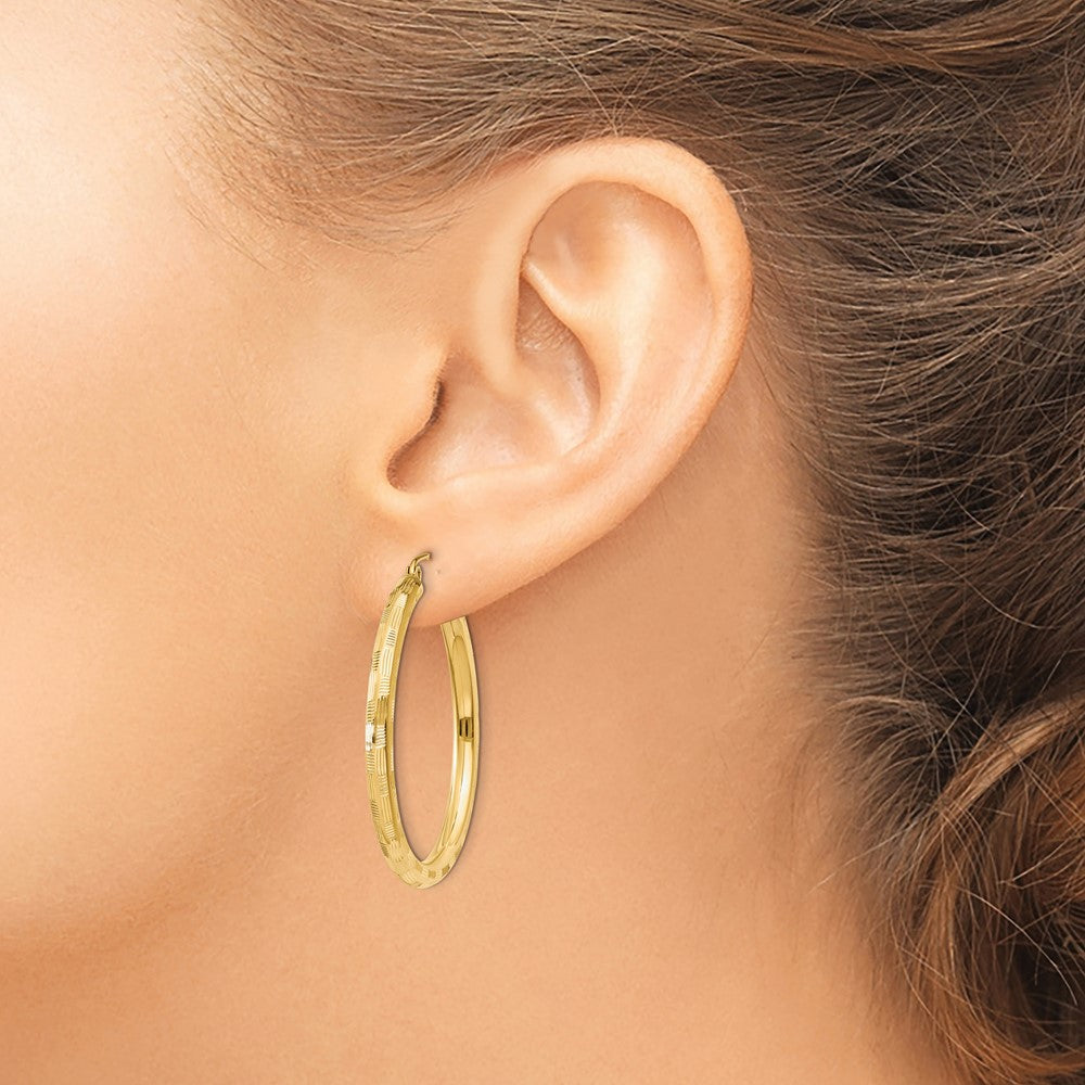 14k 3x35mm Diamond-cut Tube Hoop Earrings