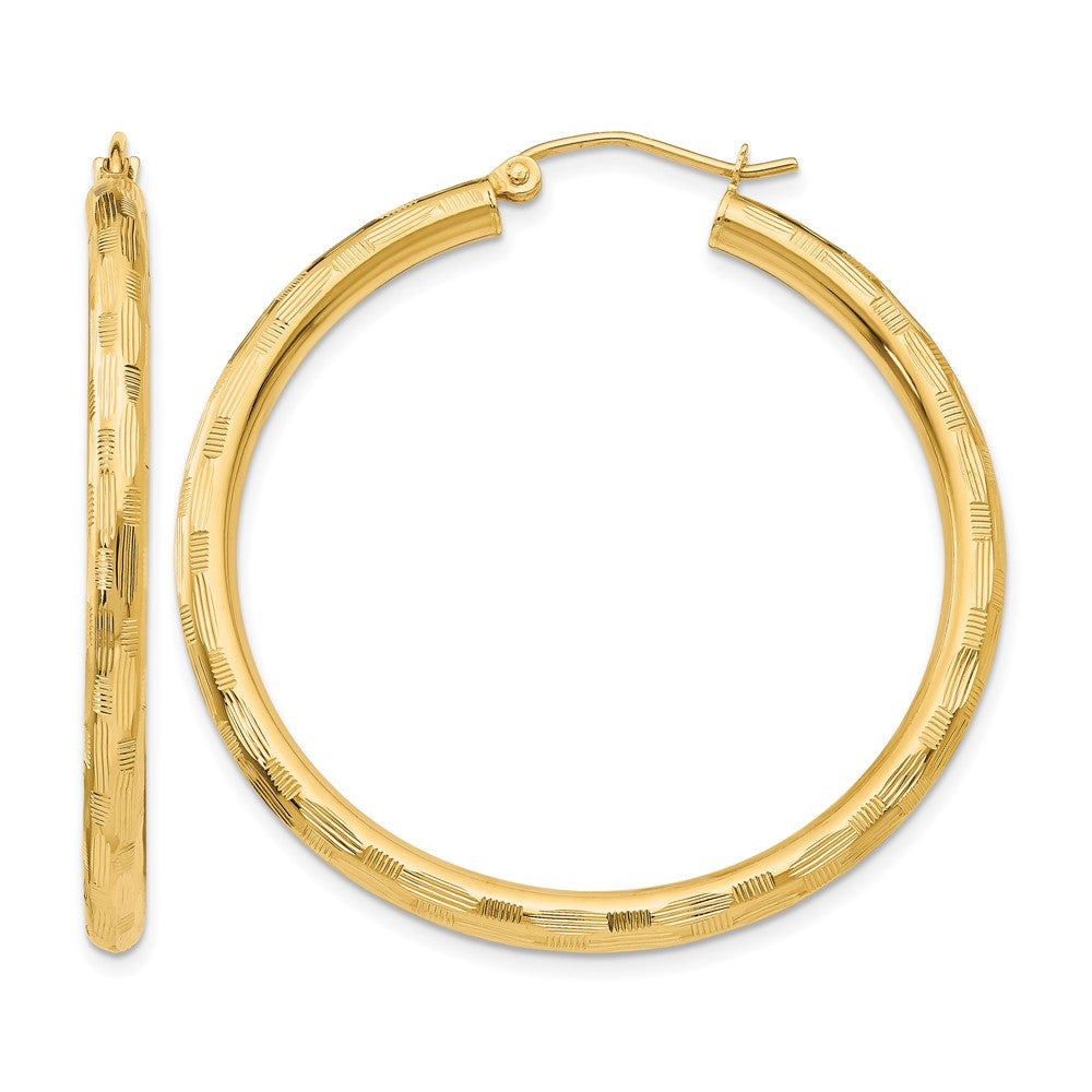 14k 3x40mm Diamond-cut Tube Hoop Earrings