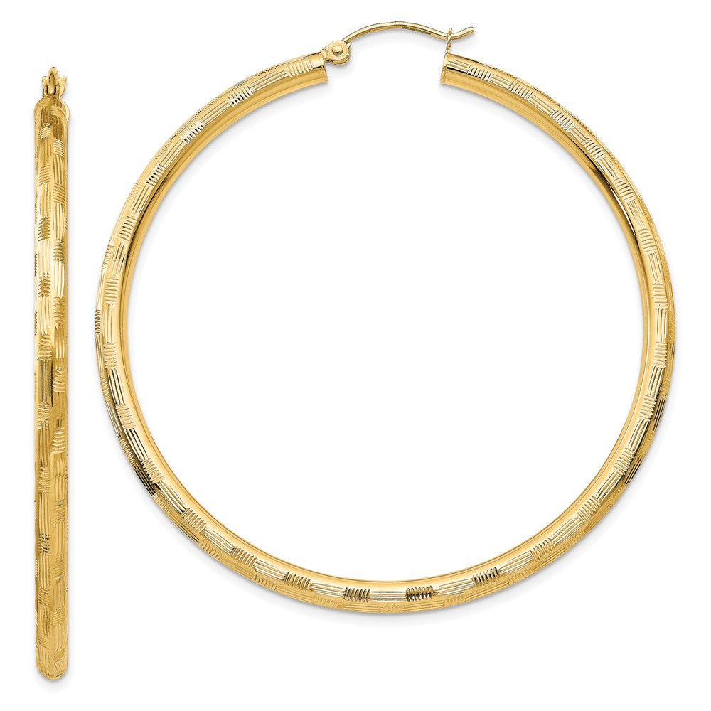 14k 3x55mm Diamond-cut Tube Hoop Earrings