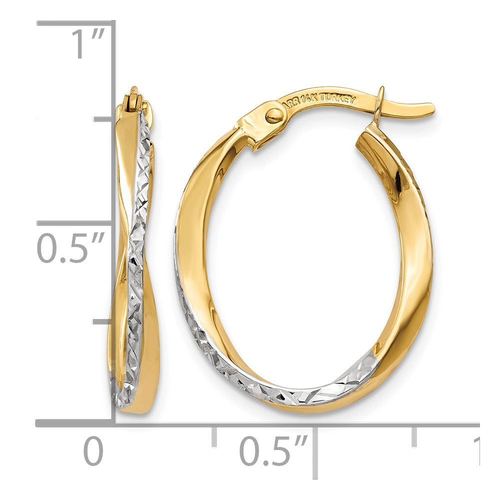 14K w/White Rhodium Textured and Polished Oval Hoop Earrings