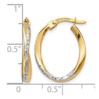 14K w/White Rhodium Textured and Polished Oval Hoop Earrings