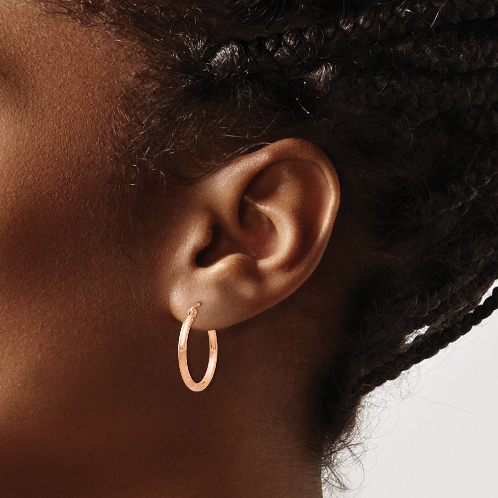 14k Rose Gold 2x20mm Lightweight Satin Diamond-cut Tube Hoop Earrings