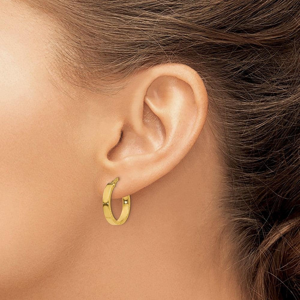 14K 3x20mm Polished with Diamond-Cut Edge Tube Hoop Earrings