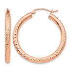 14k Rose Gold 3x30mm Diamond-cut Round Tube Hoop Earrings