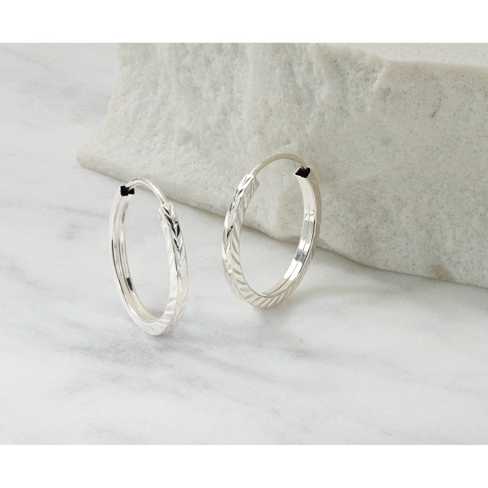 14k White Gold 1.35x17mm Diamond-cut Square-Tube Endless Hoop Earrings