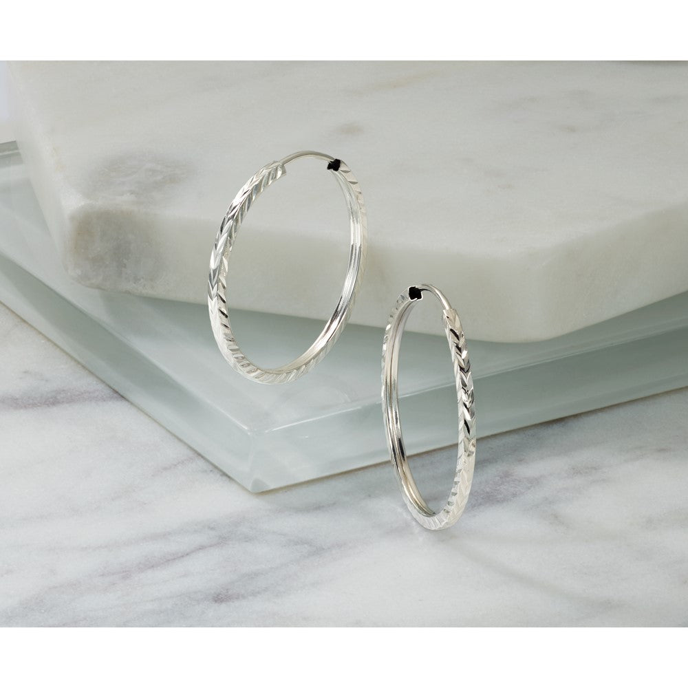 14k White Gold 1.35x25mm Diamond-cut Square-Tube Endless Hoop Earrings