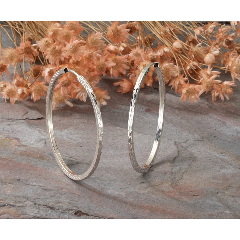 14k White Gold 1.35x35mm Diamond-cut Square-Tube Endless Hoop Earrings