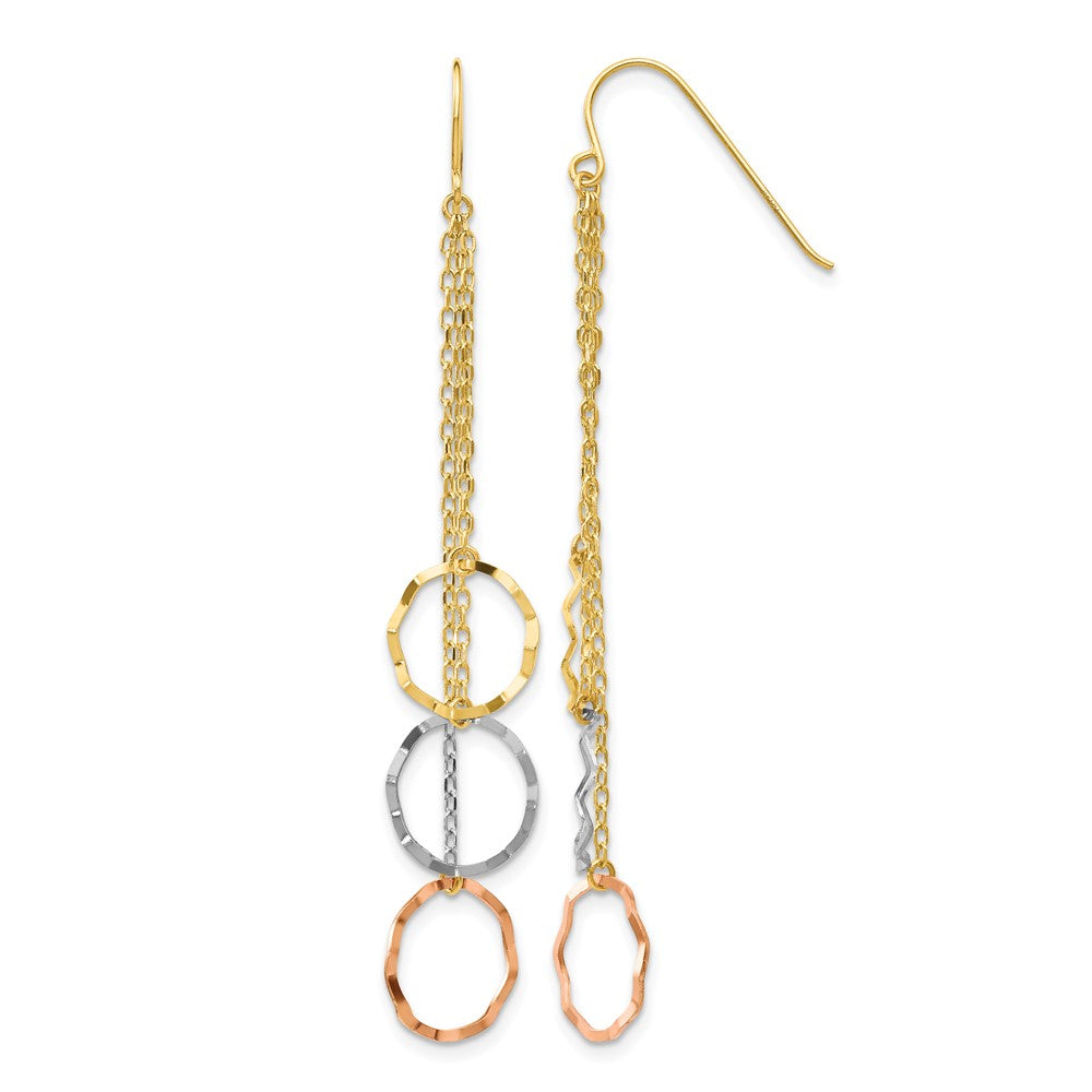 14K Tri-Color Faceted Circles and Chain Dangle French Hook Earrings