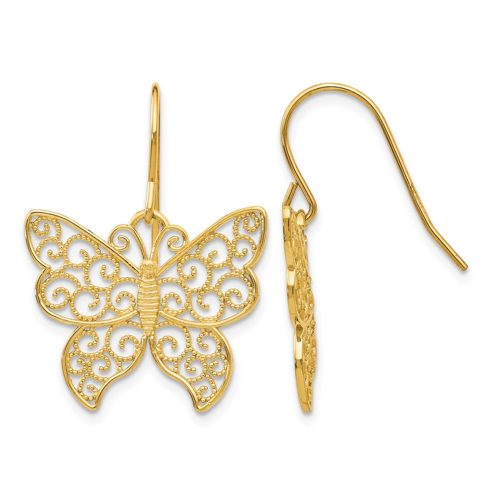 14K Large Filigree Butterfly Dangle French Hook Earrings