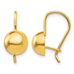 14k 8.00mm Hollow Half Ball Kidney Wire Earrings