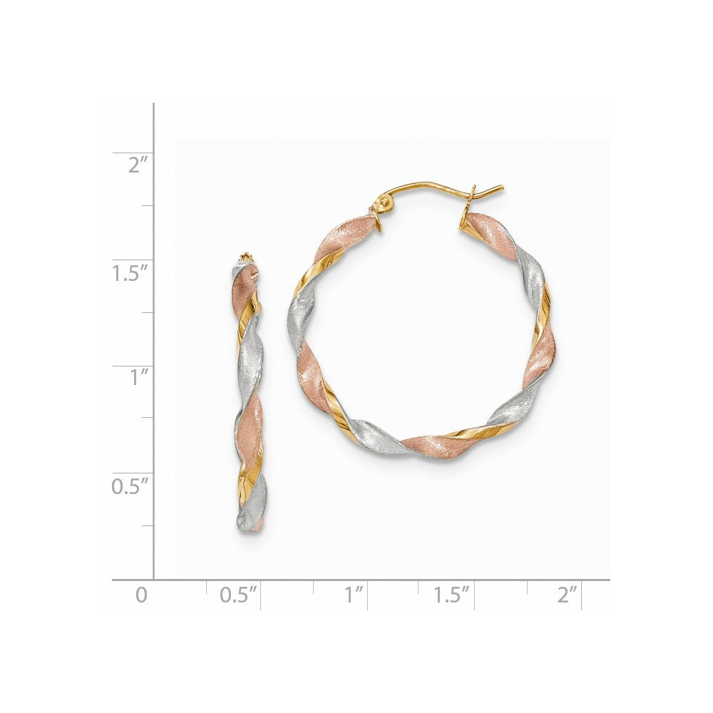 14k Tri-color Satin Twisted Hoop Earrings