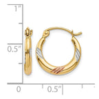 14k & White & Rose Rhodium Polished & Textured Hoop Earrings
