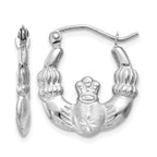 14k White Gold Satin and Diamond-cut Claddagh Hoop Earrings