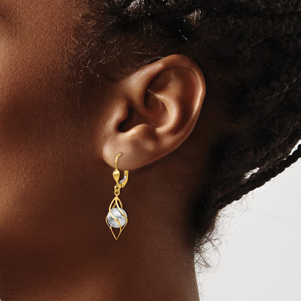 14K Two-Tone Textured and Polished Ovals Dangle Leverback Earrings
