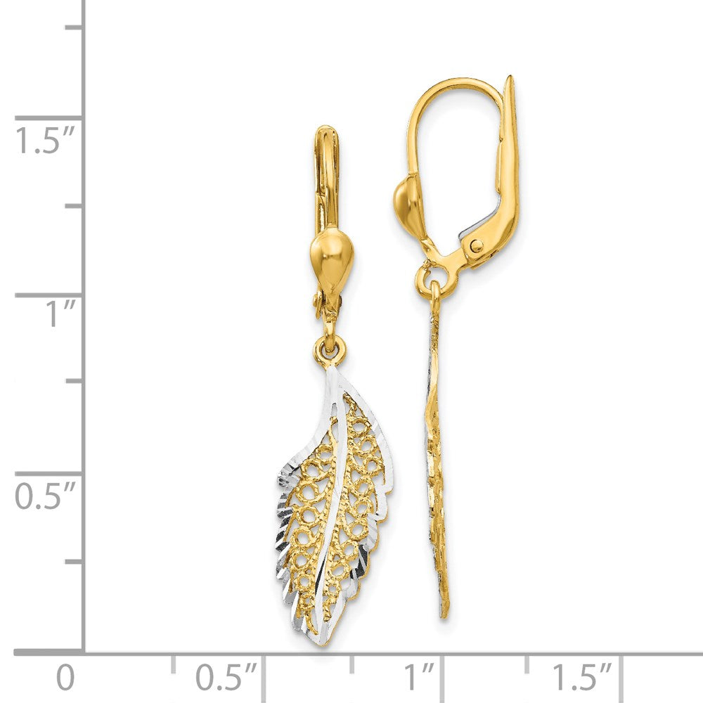 14K and White Rhodium Polished and Textured Filigree Leaf Dangle Leverback Earrings