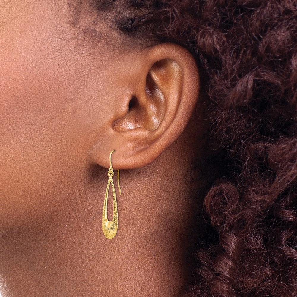 14k Polished and Textured Teardrop Dangle French Hook Earrings