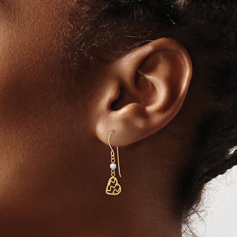 14k Two-tone Satin Diamond-cut Heart Dangle French Hook Earrings
