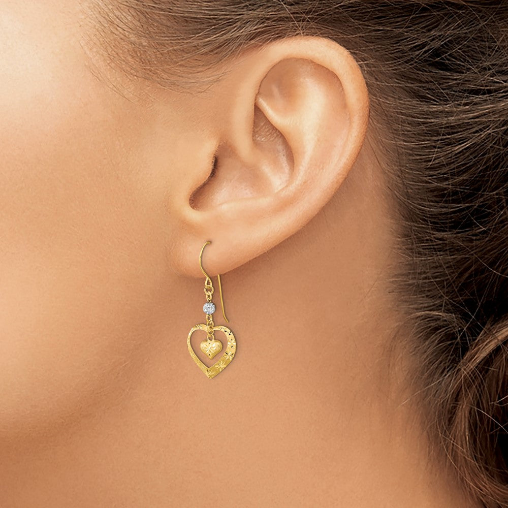14k Two-tone Satin Diamond-cut Heart Dangle French Hook Earrings