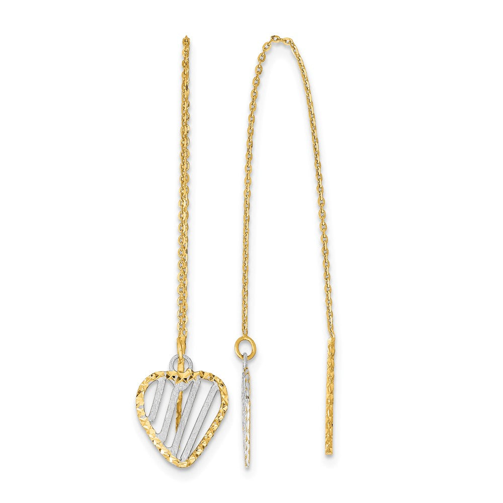 14k and White Rhodium Polished/Satin/Diamond-cut Heart Threader Earrings