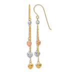 14k Tri-color Diamond-cut Triple Heart and Chain Dangle French Hook Earrings