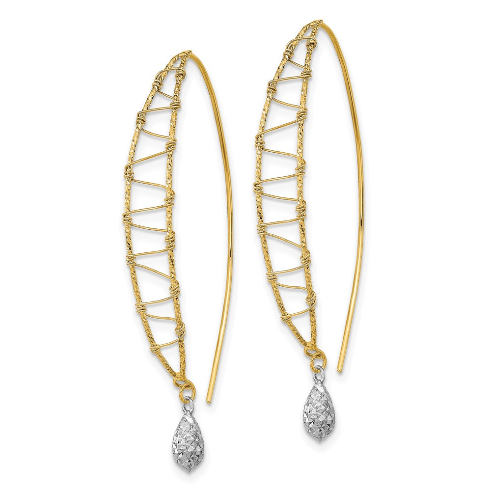 14k Two-tone Polished Wire-Wrapped Diamond-cut Dangle Threader Earrings