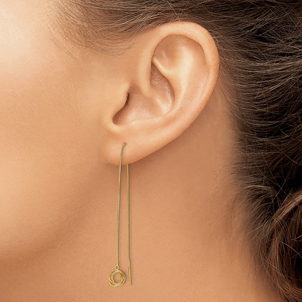 14k Polished Diamond-cut Box Chain Love Knot Threader Earrings