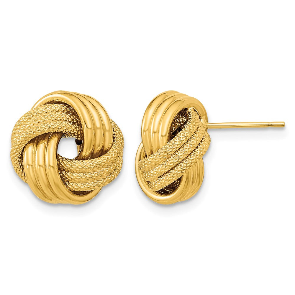 14k 12.5mm Polished Textured Triple Love Knot Post Earrings