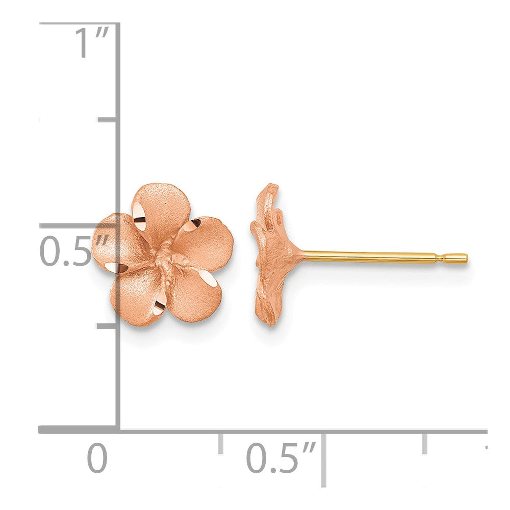 14k Rose Rhodium with Yellow Gold Post Satin Diamond-cut Plumeria Earrings
