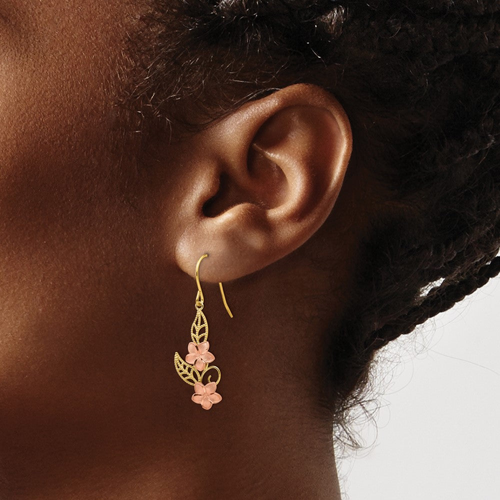 14K Two-tone Fancy Plumeria Dangle French Wire Earrings