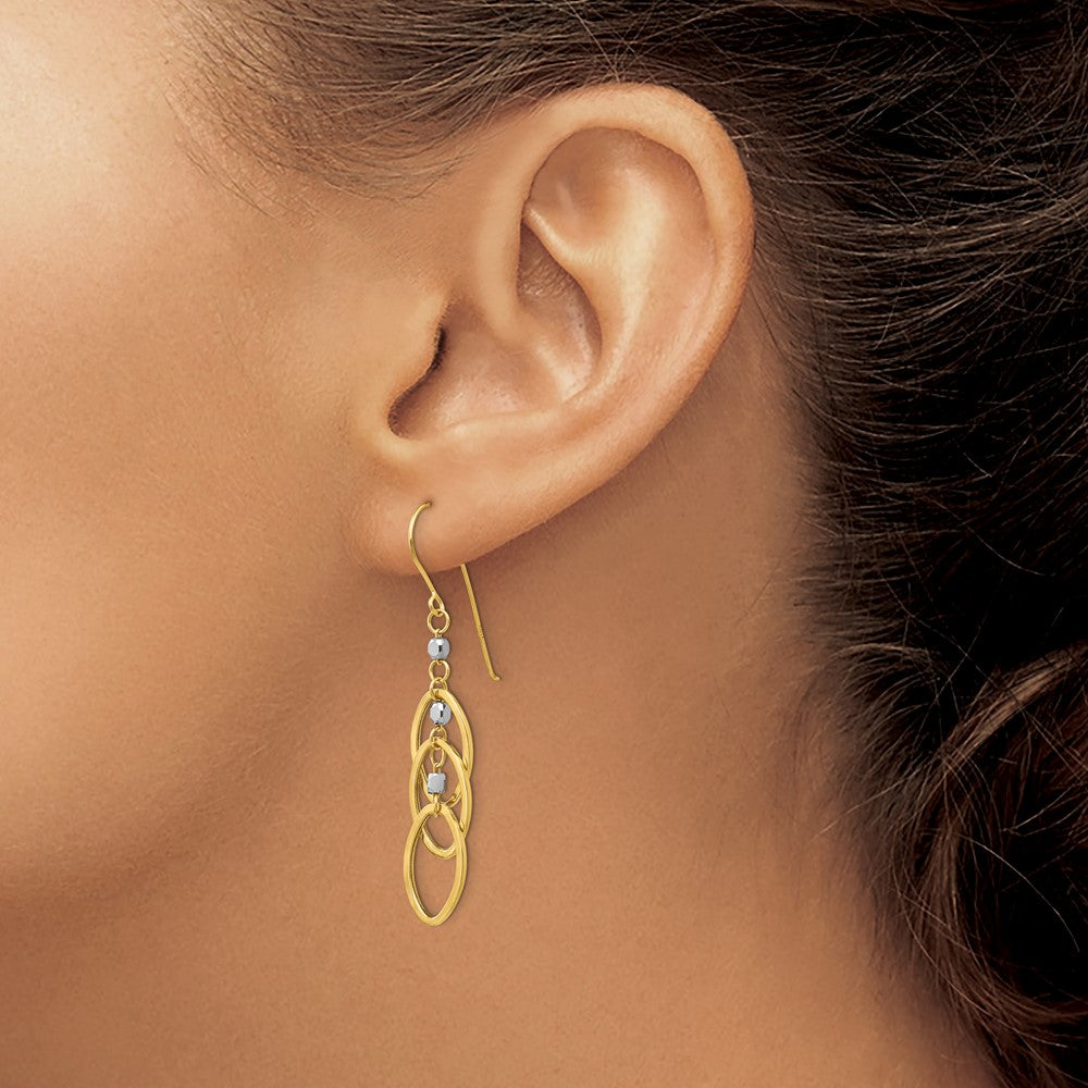 14k Two-tone Ovals and Mirror Beads Dangle French Hook Earrings