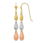 14k Tri-color Puffed Diamond-cut Teardrops Dangle French Hook Earrings