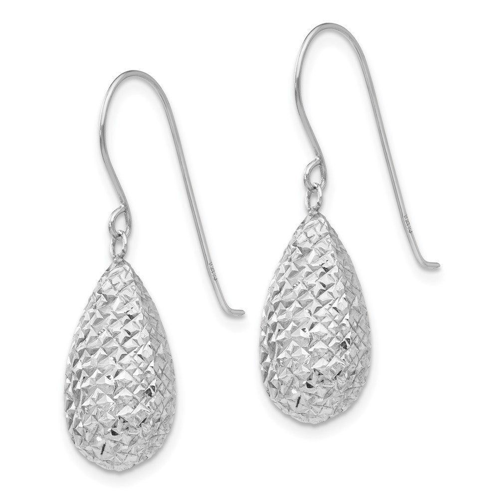 14k White Gold Textured Puffed Teardrop Dangle French Hook Earrings