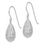 14k White Gold Textured Puffed Teardrop Dangle French Hook Earrings