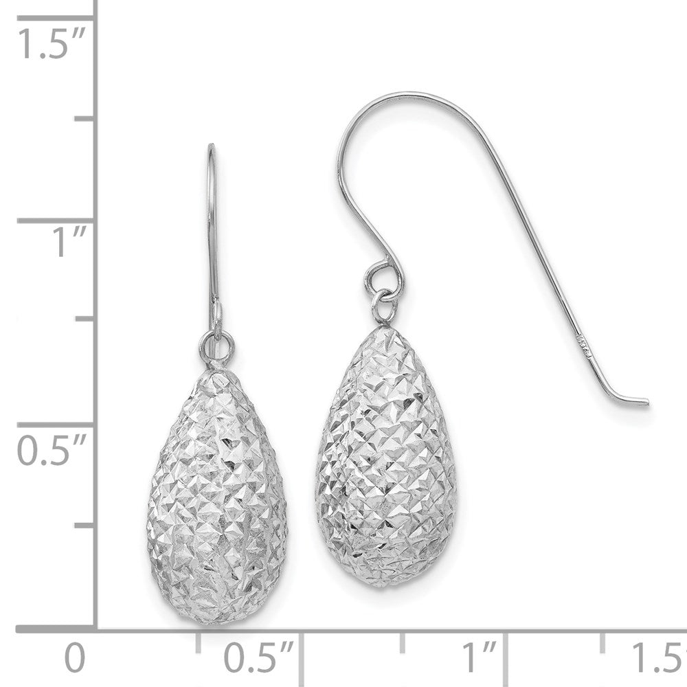 14k White Gold Textured Puffed Teardrop Dangle French Hook Earrings