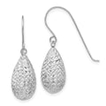14k White Gold Textured Puffed Teardrop Dangle French Hook Earrings