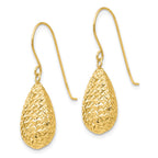 14k Textured Puffed Teardrop Dangle French Hook Earrings