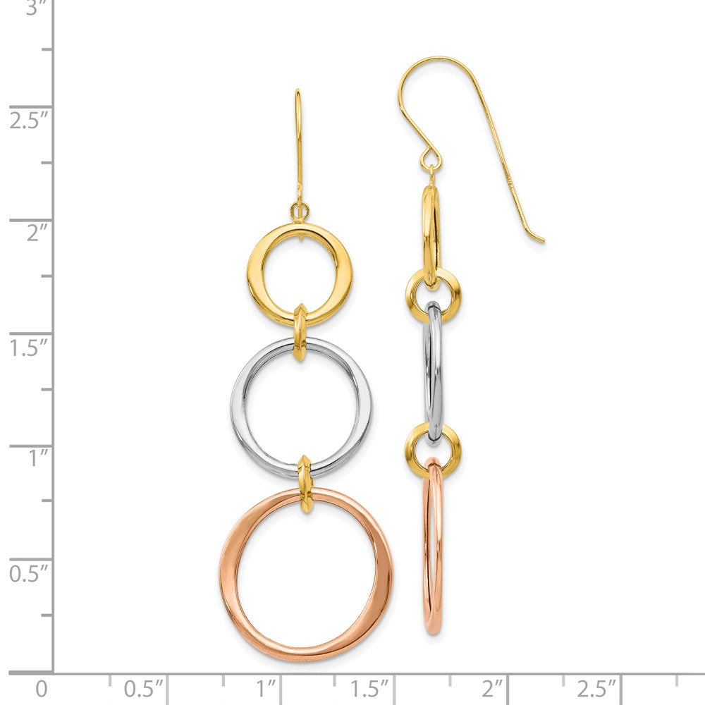 14k Tri-color Triple Graduated Circle Dangle French Hook Earrings