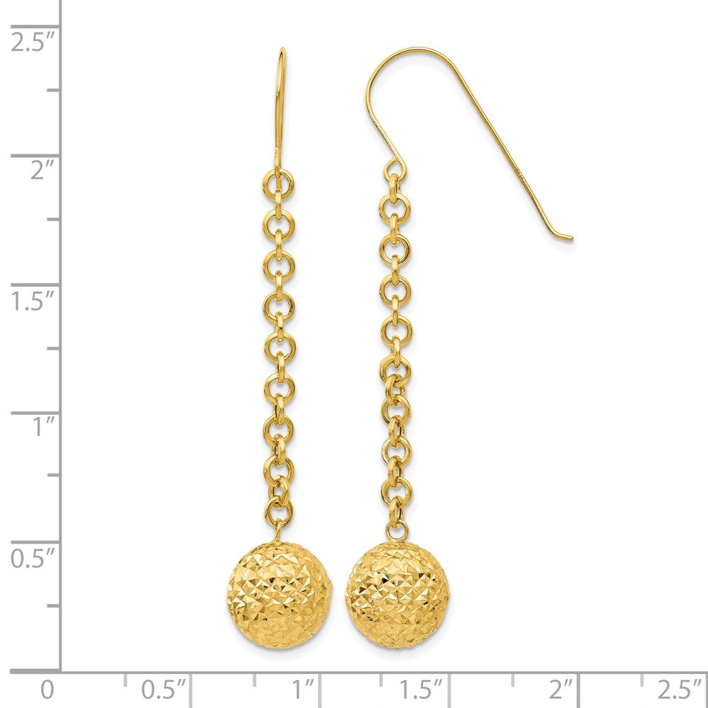 14k Diamond-cut 10mm Hollow Bead and Chain Dangle French Hook Earrings