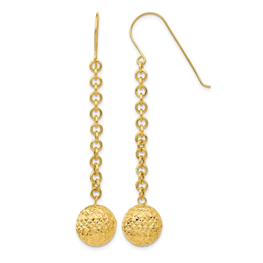 14k Diamond-cut 10mm Hollow Bead and Chain Dangle French Hook Earrings