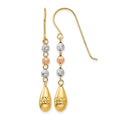 14k Tri-color Diamond-cut Puffed Teardrop Beaded Dangle French Hook Earrings