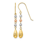 14k Tri-color Diamond-cut Puffed Teardrop Beaded Dangle French Hook Earrings