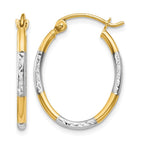 14K w/White Rhodium Diamond Cut Oval Hoop Earrings